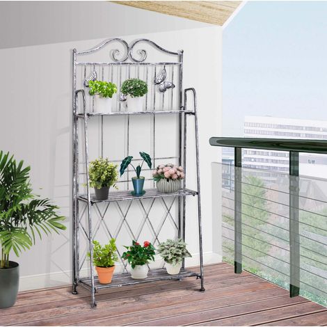 Estantería para plantas 44x25x96 cm gris de metal con 3 niveles plegable y efecto antiguo (1/5)