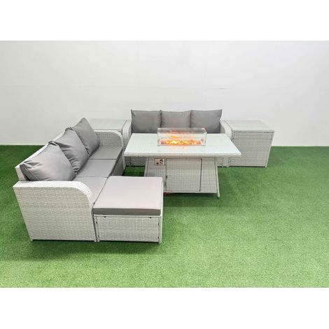 Fimous Outdoor Garden Furniture Sets 7 Seater Wicker Rattan Furniture Sofa Sets with Firepit Dining Table high Back Lounge Sofa Big Footstool 2 Side Table Light Grey (1/4)