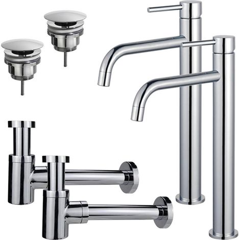 FugaFlow Eccelente Sobrado Slim Kit robinet lavabo - pour double vasque - robinet rehaussé - bonde non-obturable - siphon design bas - Chrome brillant (1/4)
