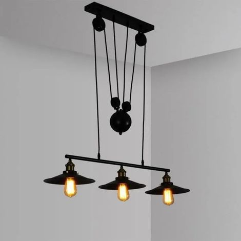 Lampe Suspension Ascenseur de Poulie en Métal Lustre Plafonnier Style Industrielle Vintage pour Café Bar Cuisine Restaurant (1/4)