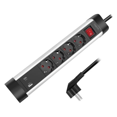 LogiLink Outlet Strip, 4 safety sockets, w/ USB-A & USB-C Port, aluminum, desktop