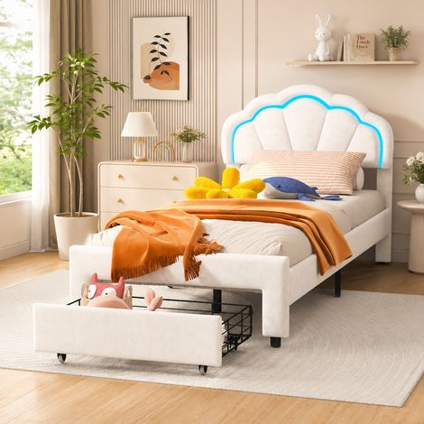 Lit simple enfant 90×200cm avec lumière LED,lit capitonné avec 1 tiroir de rangement,lit fille,tête de lit en forme de fleur,style moderne,sommier à lattes,lit ado,Velours,Beige (1/5)