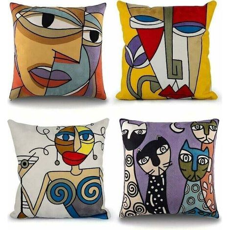 Lot de 4 Housse de Coussin Picasso 45x45 cm Coton Lin Brodé Housses Coussins Canapé Décoration Salon Scandinave Chambre Lit Fauteuil de Bureau Design Motif Visage Abstrait Vintage Colorée