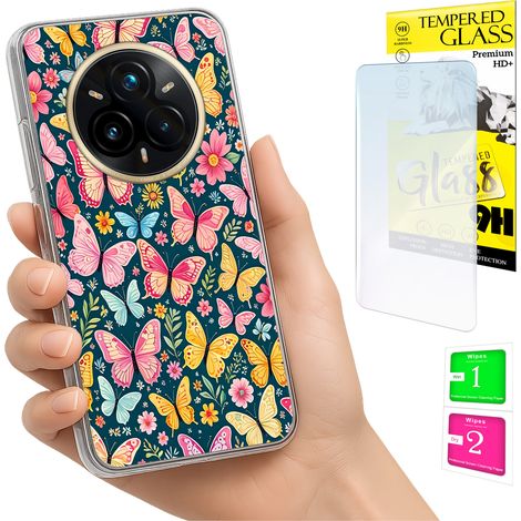 Coque pour Realme 14 Pro+ 5G / 14 Pro Plus 5G, coque arrière papillon avec protection en verre trempé. (1/5)