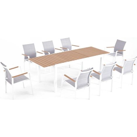 Salotto da giardino 8 posti in alluminio bianco e legno TIJUANA