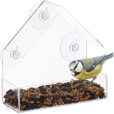 Relaxdays Set of 10 Window Birdhouses, Wild Bird Feeder, 3 Suction Cups, Feeding Station with Roof, Transparent