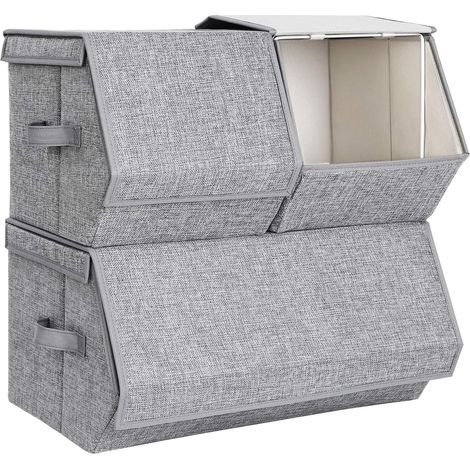 Boîtes de Rangement, Lot de 3, Coffre de Rangement, Organiseur de Jouets, Empilable, avec Couvercle, Cadre métallique, Fermeture magnétique, pour Vêtements, Livres et Jouets, Gris RLB12GY (1/5)