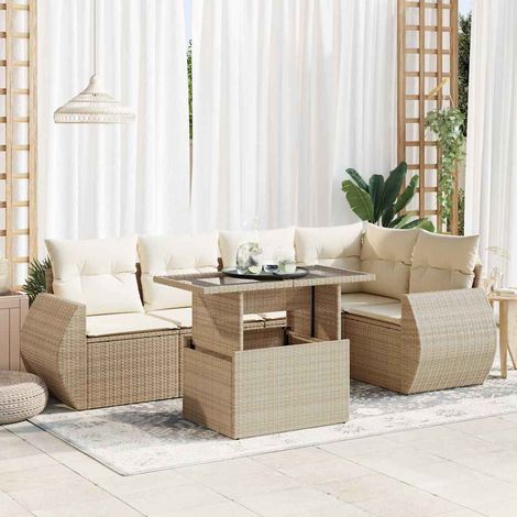 vidaXL 6-tlg. Garten-Sofagarnitur mit Kissen Beige Poly Rattan (1/5)