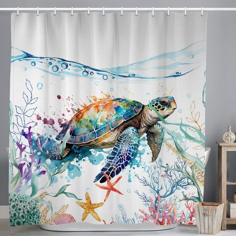Rideau de Douche Maritime 120x200 cm, Aquarelle Bleu Animaux Marins Tortue étoile de mer Nautique coloré Lavables Textile Rideau de Bain imperméable pour Baignoire (1/5)
