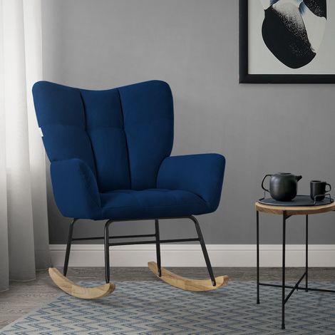 ML-Design Schaukelsessel Dunkelblau, Schaukelstuhl Frottee-Optik Bezug, Gepolsterter Schwingsessel mit Holzkufen, Relaxsessel mit Armlehnen für Wohnzimmer/Schlafzimmer/Balkon, Relaxstuhl Ohrensessel (1/5)