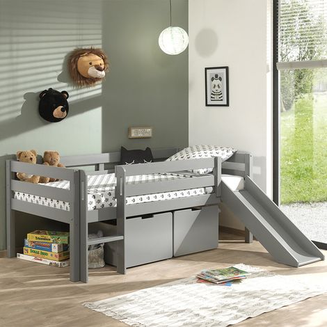 Cama de media altura 90x200 con tobogán, somier y cajones Vipack Pino Gris (1/4)