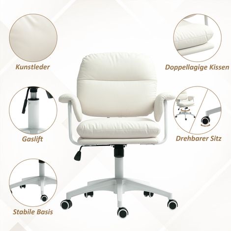 Bureau de bureau réglable en hauteur, chaise avec coussin moelleux et revêtement en similicuir, roulettes pivotantes et fonction basculante, blanc (1/4)