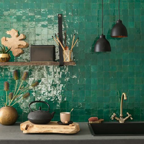 Zellige véritable Carrelage Artisanal - 5x5 cm - Vert Emeraude (vendu par plaque de 0,09 m² - 30x30 cm) (1/5)