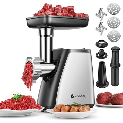 Fleischwolf, 3-in-1 Elektrischer Fleischwolf [2800 W max] mit 2 Klingen, 3 Platten, Wurstfüller, Kubbe-Kit, für den Hausgebrauch, Edelstahl (1/5)