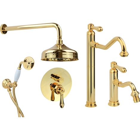 Set bagno con miscelatore lavabo alto, bidet e kit doccia stile retrò colore oro Gattoni Oxford KITOXFORDD05