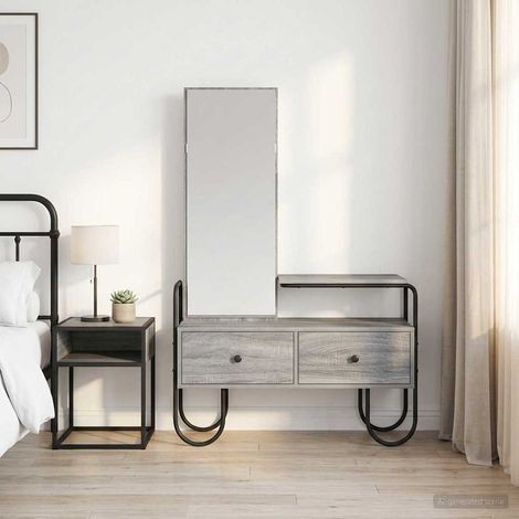 Coiffeuse avec miroir, 2 tiroirs et étagère, bois d’ingénierie, gris Sonoma, 100 x 36,5 x 136 cm - PANGIVO (1/5)