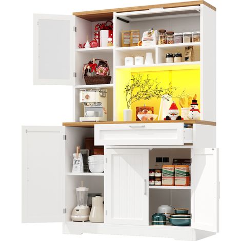 Armoire de cuisine avec eclairage led 180 cm, vitrine de salon blanc et noir en MDF, meuble haut de rangement (1/5)