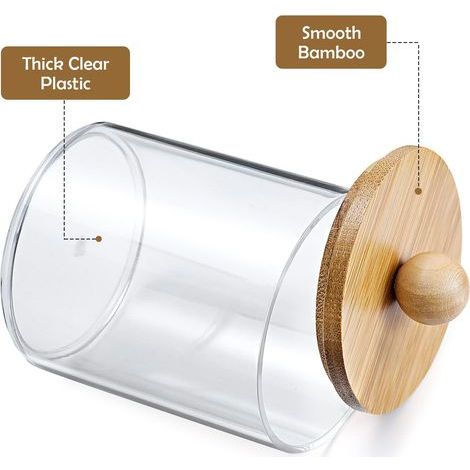 Dispensador, recipiente de plástico transparente con tapa de bambú (para neceser), juego de accesorios de baño (para tampones, gránulos, compresas y hilo dental). (1/5)