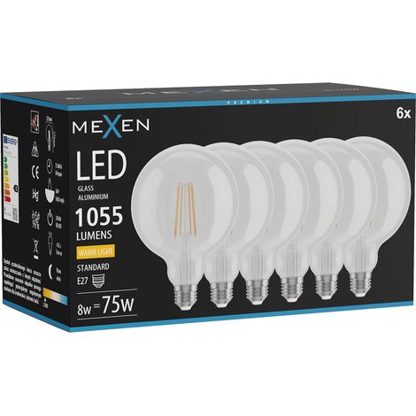 Mexen Vintis 6x Ampoule filament LED E27, G125, 8W, Chaude - 2700K, 1055 lm, transparente - L158-E27-0827-00x06 (1/5)
