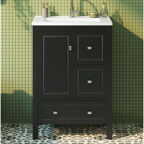 Mueble de baño con lavabo de cerámica 62 x 47 x 90 cm, negro, MDF, 3 cajones y 1 puerta OKMYHOME (1/5)
