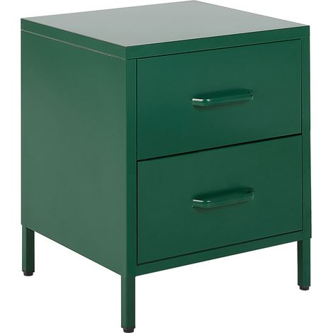 Comodino moderno in metallo verde pino con maniglie e 2 cassetti Malavi