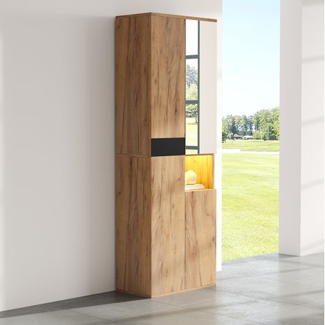 Armoire haute 65x35x190 cm en panneaux de bois noir et naturel, avec rangement pour salon FloraGrace (1/5)