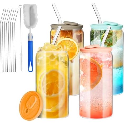 4 Pièces Verre Canette, 500 ml Verre avec Couvercle et Paille, Couvercles en Silicone Coloré,Verre à Smoothie Réutilisable, Adapté aux Smoothies, thé au Lait, Tasse à Bière Tasse à Café Glacée (1/5)