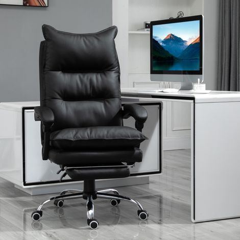 Silla de oficina ergonómica de piel sintética, altura e inclinación ajustables, con reposapiés retráctil, negra (1/5)
