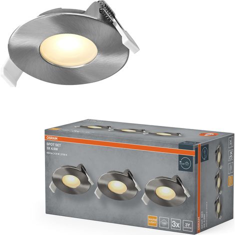 Spot Set Spot LED encastrable, 4,9 W, 200 lm, 2 700 K, Ø 85 mm, 120 °, nickel satiné, aluminium, blanc chaud, lot de 3 (1/3)