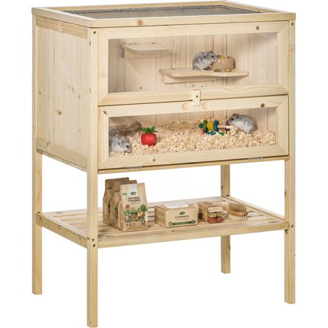 Cage hamster - PawHut - 3 niveaux avec plateformes, échelles, étagère, fenêtre, toit ouvrable - bois - 60x40x80cm - naturel