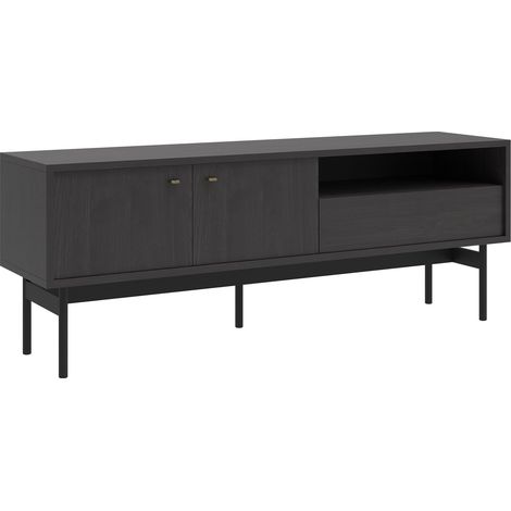 Meuble TV Debout sur Pieds Armoire De Télévision avec Tiroir Étagère Deux Portes 154 cm Frêne Noir (1/5)
