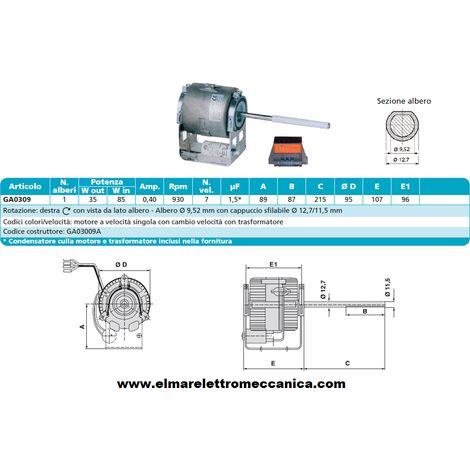 GA03009A Motore 85 W MONOALBERO 7 Velocità aspiratore Fan Coil