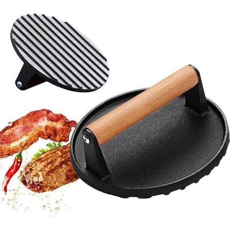 Pressa per hamburger, pressa per carne da griglia, pressa per carne. Pressa per hamburger rotonda e robusta in ghisa con manico in legno, ideale per barbecue e feste in giardino. (1/5)