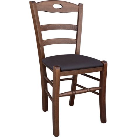 Sedia in legno Loris noce scuro con seduta imbottita in similpelle color marrone