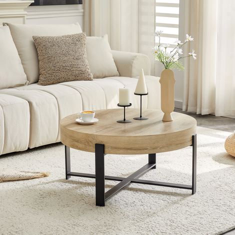 Table basse ronde en MDF décor bois et métal noir, diamètre 68 cm (1/5)