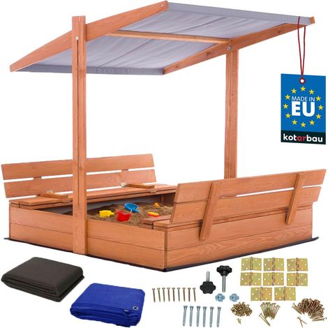 KOTARBAU® Bac à Sable Enfant Extérieur Bois de Pin 120x120 cm Marron Bac à Sable avec Couvercle et Bancs Pliables Protection Solaire avec Toit Gris (1/5)