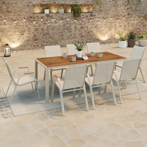 Conjunto de muebles de jardín NOUMEA Mesa de 190 cm con tablero de cristal templado efecto madera y 8 sillas apilables beige y m