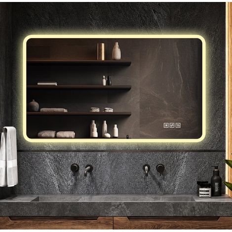 REDOM - Espejo de baño LED - 60x100 cm - antivaho - 3 colores de luz - intensidad regulable - vidrio templado plateado