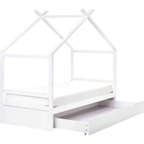 Letto a casetta per bambini in legno di pino UE misura singola 90 x 200 cm con rete a doghe e cassetto portaoggetti Bianco Orgeval (1/5)