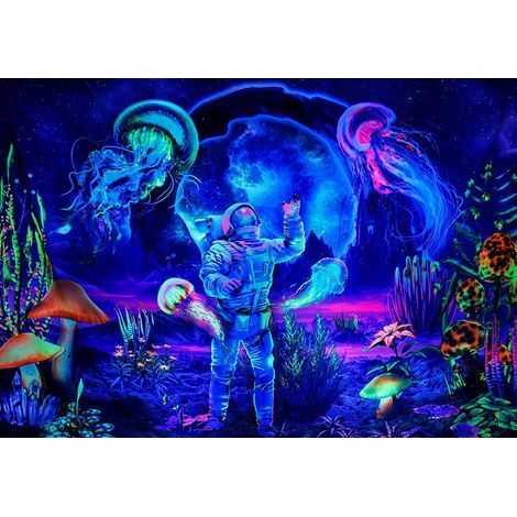 Tapisserie fluorescente astronaute et champignons, en polyester, 95 x 73 cm, idéale pour chambre noire (1/5)