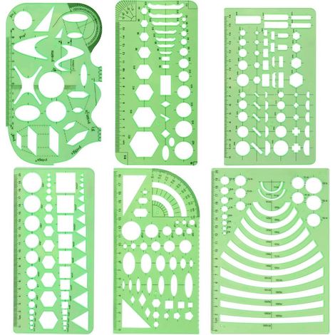 Gabarits de mesure (6 pièces) Pochoirs géométriques en plastique, règles géométriques, kit d'outils de papeterie pour le bureau et l'école, le coffrage de bâtiments, les dessins techniques, les gabari (1/5)