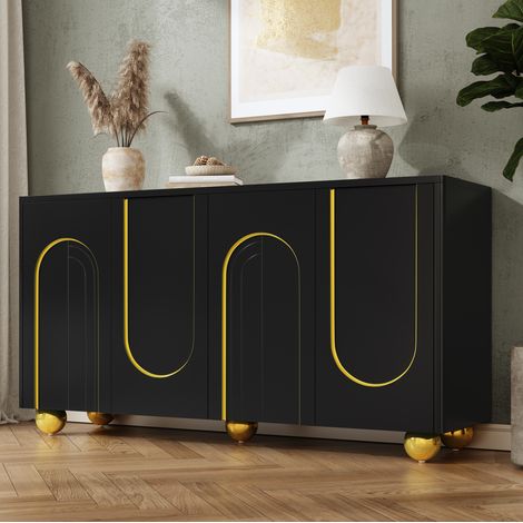 Credenza a 4 ante nera con decoro ad arco dorato, piedi in metallo sferici, 140 x 40 x 74 cm (1/5)