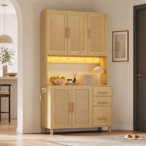 Credenza da cucina 183 cm con LED, 2 prese, 2 USB, 3 cassetti, naturale DESVIAE (1/5)