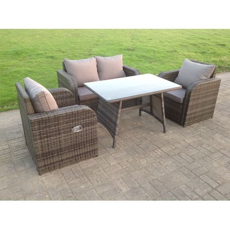 Fimous PE Rattan Garden Furniture Set Adjustable Chair Sofa Double Love Seat 2 Seater Sofa Oblong Rectangular Dining Table