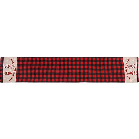 Weihnachtstischläufer mit Zwergenmotiv, rot-schwarz kariert, Leinen-Tischdecke, Ornament