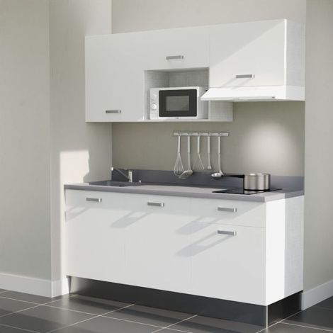 Kitchenette K30L - 180 cm - plan monobloc évier intégré Cromo- évier à gauche - Façades Blanc + Electroménager inclus coloris Blanc