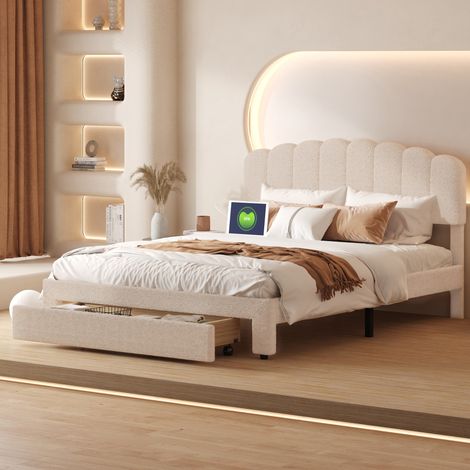 Letto contenitore 160x200 cm, letto matrimoniale con rete a doghe, testiera regolabile e porta USB, grande cassetto sigillato, tessuto peluche, beige