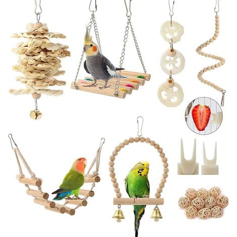 Lot de jouets pour oiseaux en bois naturel, idéal pour les perroquets, perruches, calopsittes et inséparables, comprenant des balançoires, des échelles suspendues et des jouets à mâcher pour agrémente (1/5)