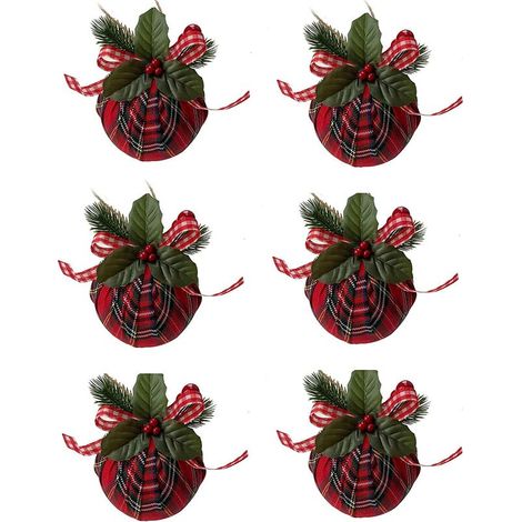 Lot de 6 boules de Noël, boules de Noël rouges en forme de tartan avec nœud et feuilles vertes - Décoration pour sapin de Noël, fête, maison (1/5)