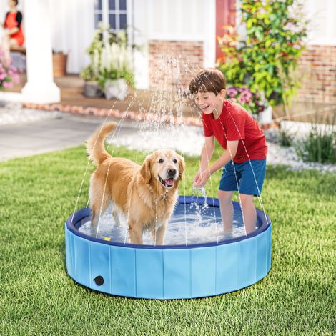 Grande piscine chien Bleu pliable avec arroseur PVC antidérapant Ø clair 120x30 cm